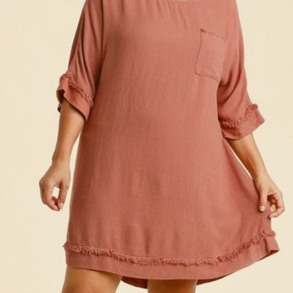 Linen blend half sleeve dress with chest pocket and frayed edge